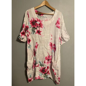 Vasna Womens Dress Medium White Floral Linen Made in Italy Lagenlook Romantic